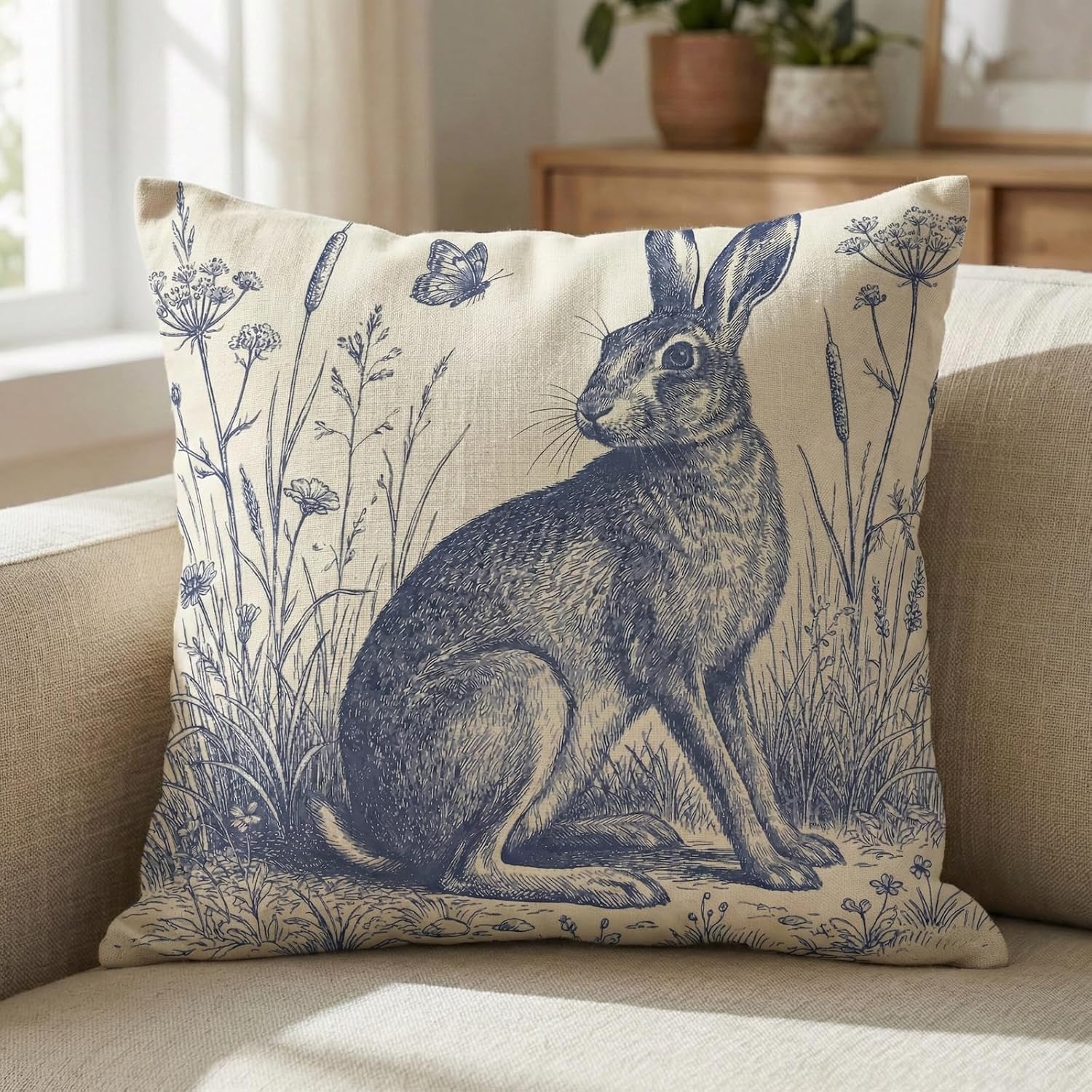 B BBPM Vintage Blue Gray Rabbit Throw Pillow Covers Set of 2 Double Sided Linen Blend French Country Animal Cushion Cases, Easter Spring Farmhouse Decor for Sofa Couch Living Room, Bedroom 18×18 Inch