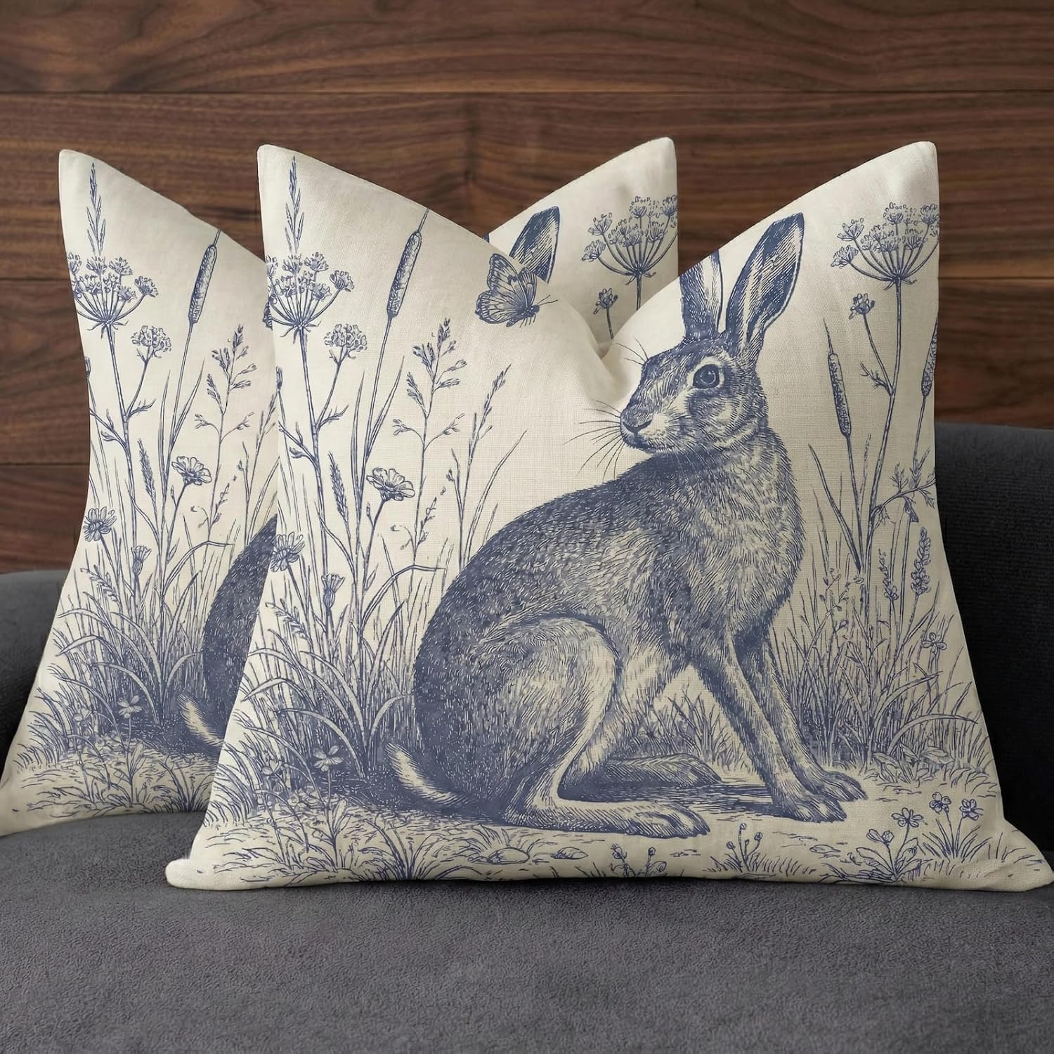 B BBPM Vintage Blue Gray Rabbit Throw Pillow Covers Set of 2 Double Sided Linen Blend French Country Animal Cushion Cases, Easter Spring Farmhouse Decor for Sofa Couch Living Room, Bedroom 18×18 Inch