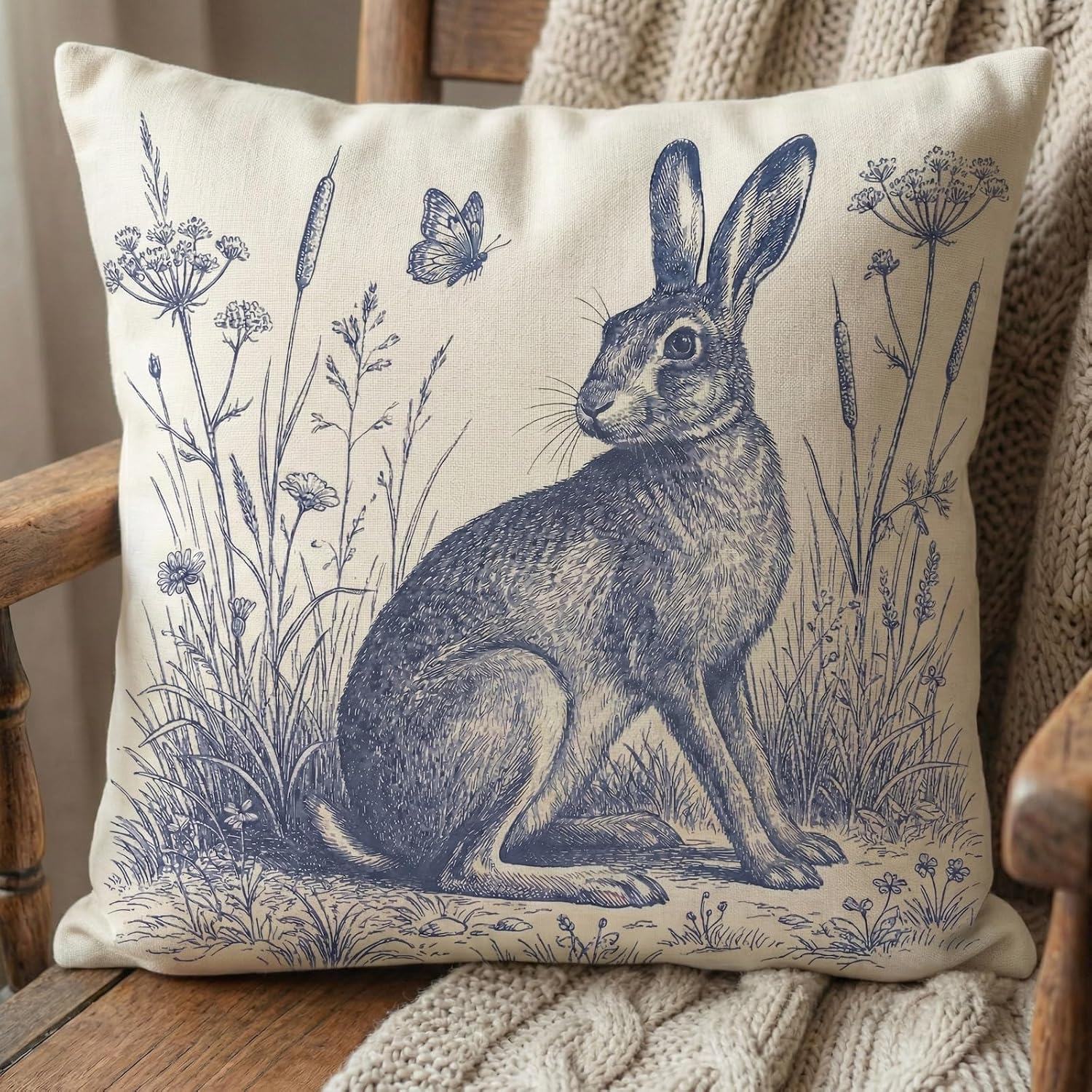 B BBPM Vintage Blue Gray Rabbit Throw Pillow Covers Set of 2 Double Sided Linen Blend French Country Animal Cushion Cases, Easter Spring Farmhouse Decor for Sofa Couch Living Room, Bedroom 18×18 Inch