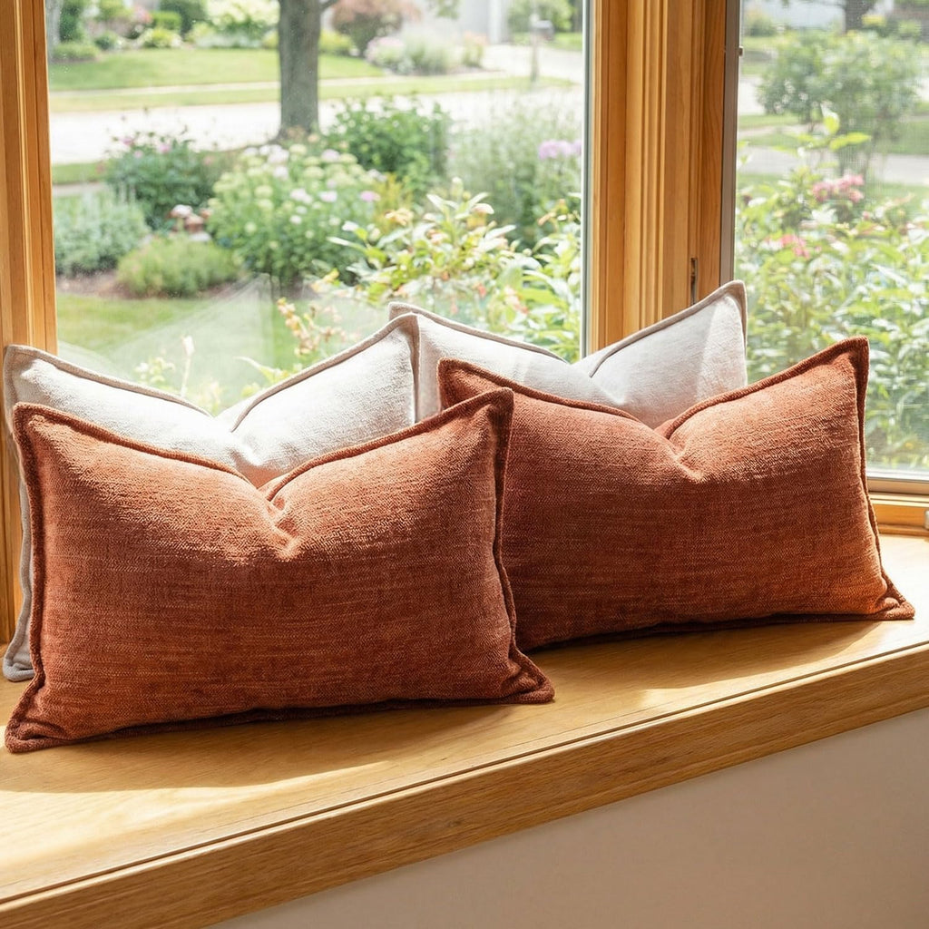 BOYSUM 12x20 Inches Throw Pillow Covers Set of 4 Soft Textured Chenille Decorative Cushion Cases for Couch Sofa Bed Modern Farmhouse Neutral Accent Covers with Hidden Zipper Beige Orange