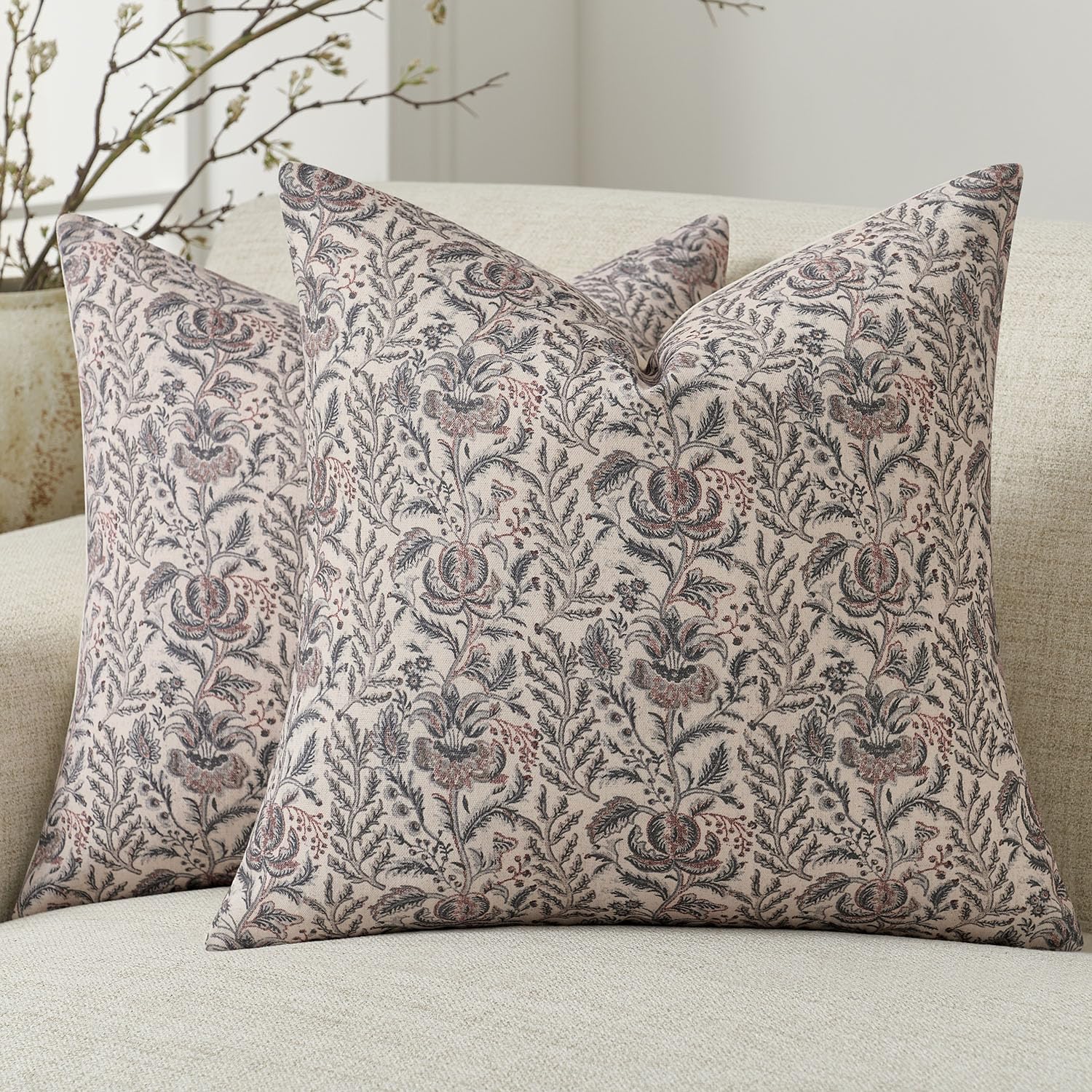 Amor Virisso Floral Pillow Covers 18x18 Set of 2 Vintage Block Print Pillow Covers Neutral Floral Striped Farmhouse Accent Decorative Pillow Covers for Sofa Bed, Yellow