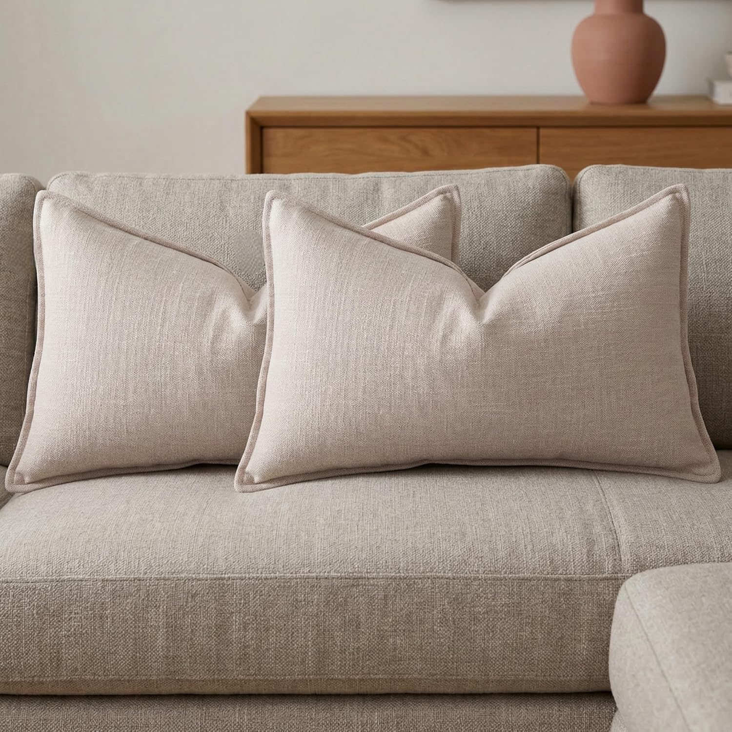 BOYSUM 12x20 Pillow Covers Set of 2 Chenille Linen Textured Throw Pillow Covers for Couch Sofa Hidden Zipper Decorative Cushion Cases Modern Farmhouse Neutral Home Decor Beige