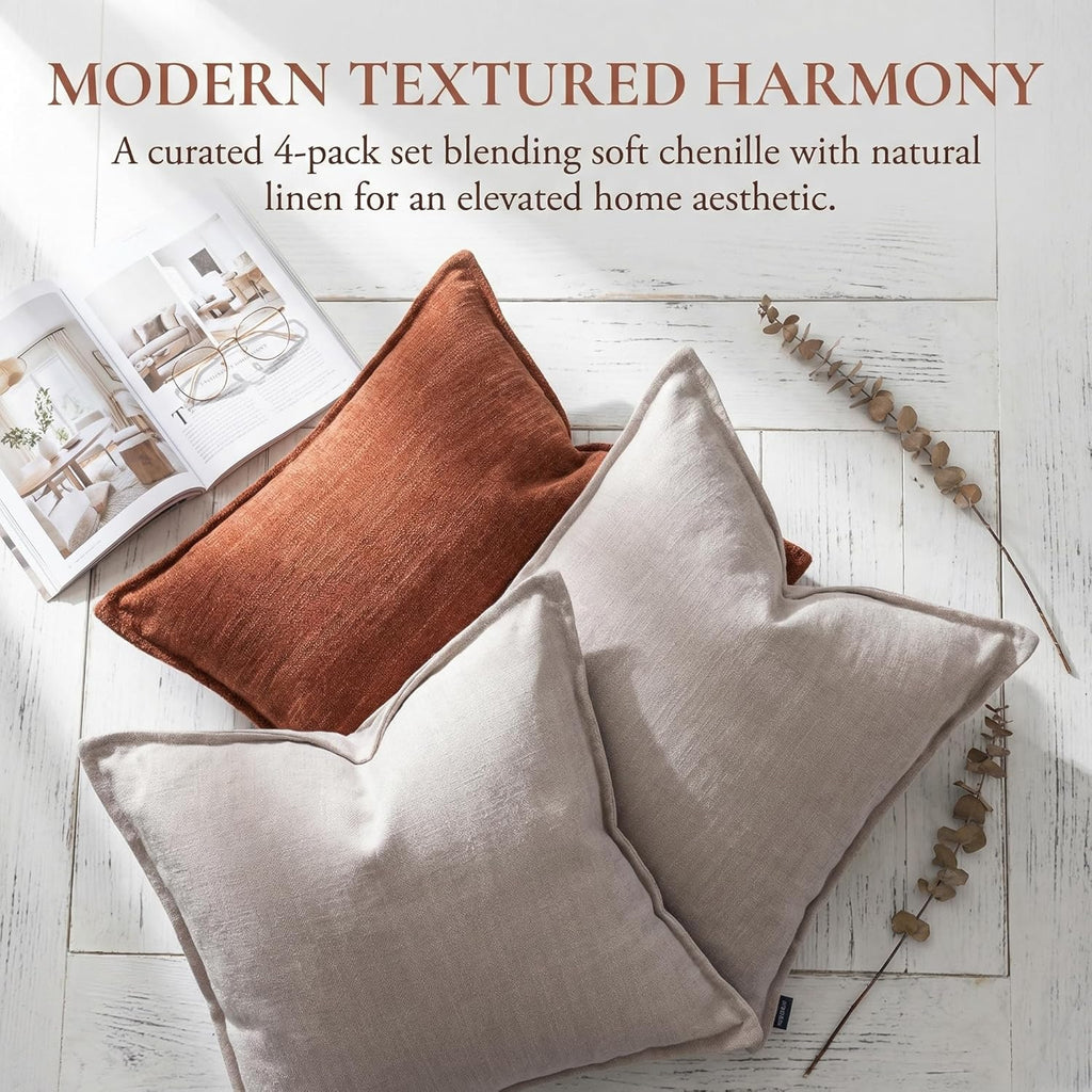 BOYSUM 12x20 Inches Throw Pillow Covers Set of 4 Soft Textured Chenille Decorative Cushion Cases for Couch Sofa Bed Modern Farmhouse Neutral Accent Covers with Hidden Zipper Beige Orange