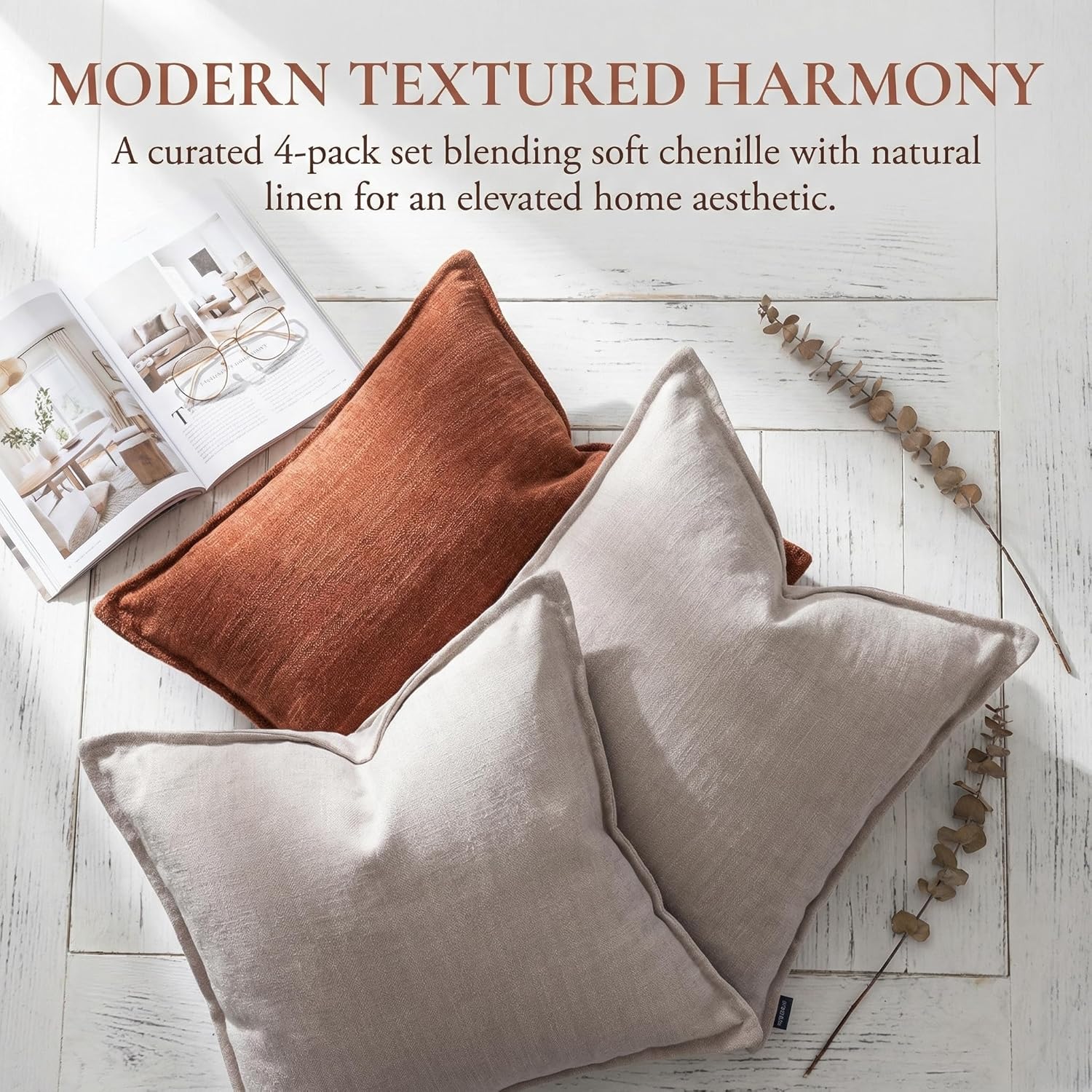 BOYSUM 12x20 Inches Throw Pillow Covers Set of 4 Soft Textured Chenille Decorative Cushion Cases for Couch Sofa Bed Modern Farmhouse Neutral Accent Covers with Hidden Zipper Beige Orange
