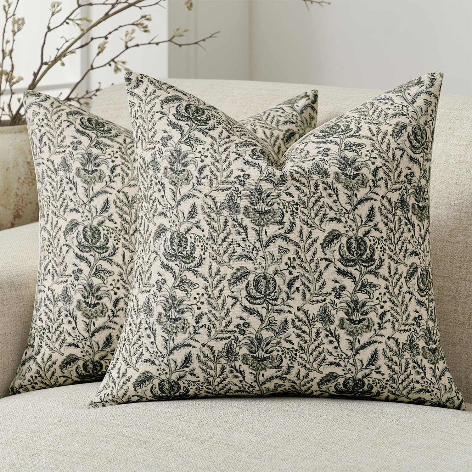 Amor Virisso Floral Pillow Covers 18x18 Set of 2 Vintage Block Print Pillow Covers Neutral Floral Striped Farmhouse Accent Decorative Pillow Covers for Sofa Bed, Yellow