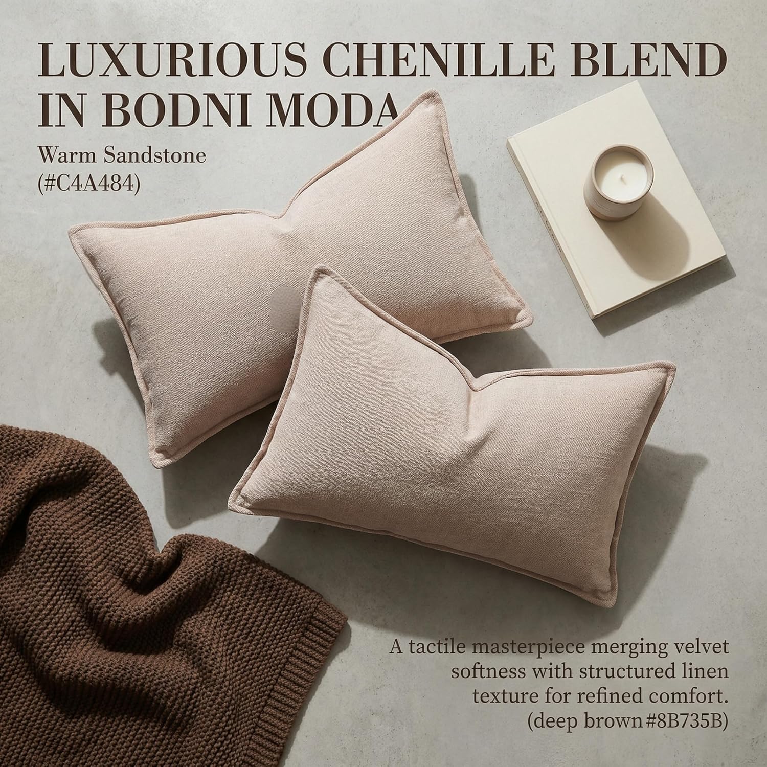 BOYSUM 12x20 Pillow Covers Set of 2 Chenille Linen Textured Throw Pillow Covers for Couch Sofa Hidden Zipper Decorative Cushion Cases Modern Farmhouse Neutral Home Decor Beige