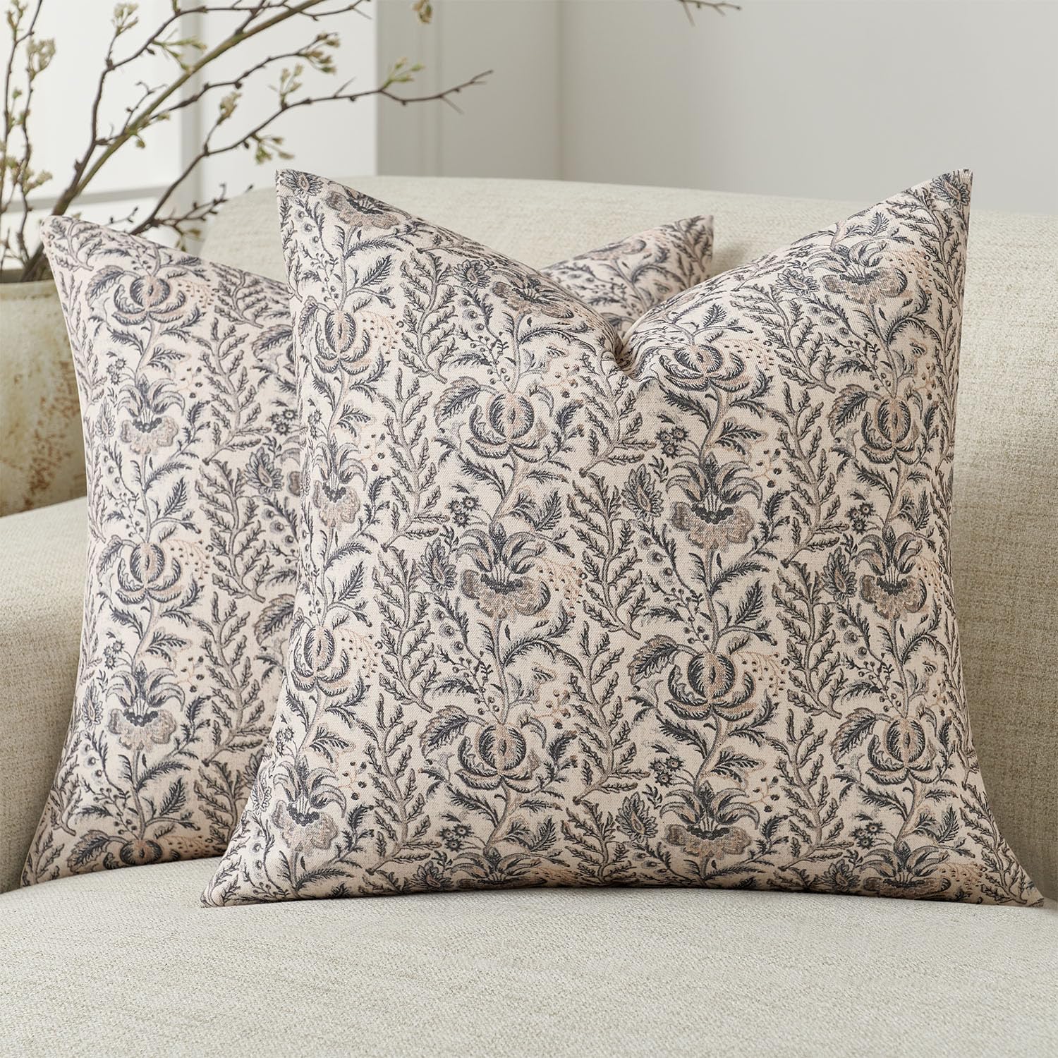 Amor Virisso Floral Pillow Covers 18x18 Set of 2 Vintage Block Print Pillow Covers Neutral Floral Striped Farmhouse Accent Decorative Pillow Covers for Sofa Bed, Yellow