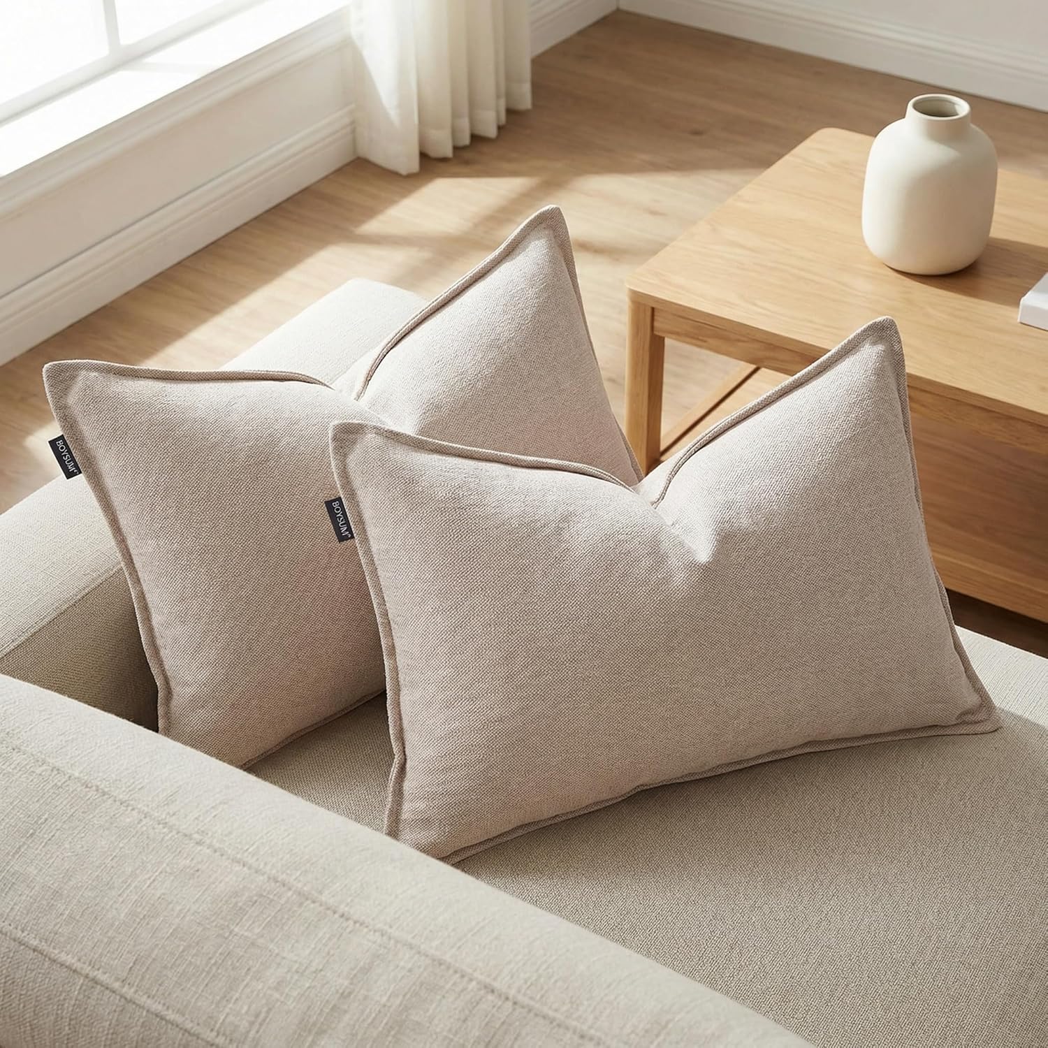 BOYSUM 12x20 Pillow Covers Set of 2 Chenille Linen Textured Throw Pillow Covers for Couch Sofa Hidden Zipper Decorative Cushion Cases Modern Farmhouse Neutral Home Decor Beige