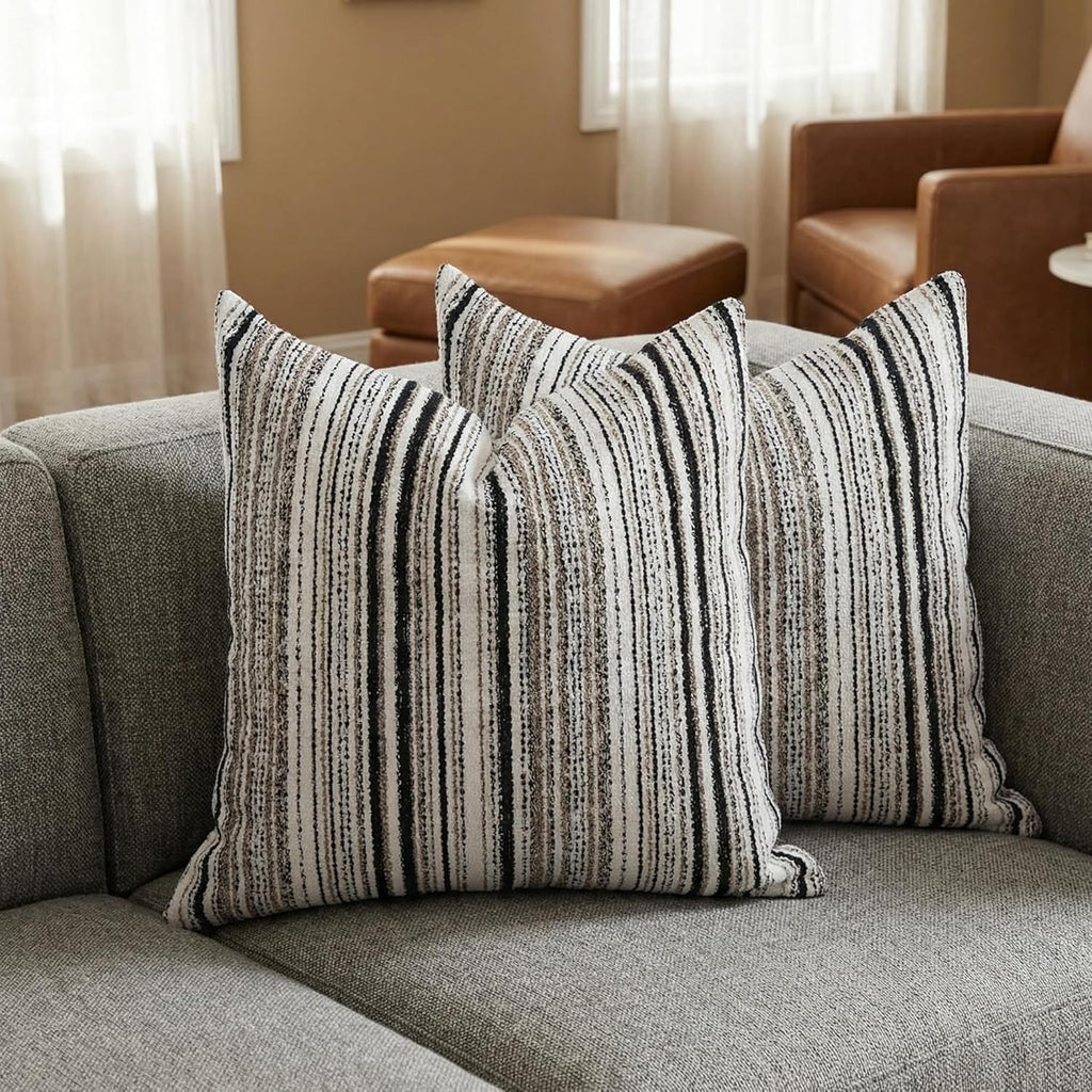BOYSUM Set of 2 Striped Chenille Throw Pillow Covers 12x20 Inches Premium Plush Textured Decorative Cushion Covers Reinforced Hidden Zipper Mid-Century Modern Farmhouse Decor for Couch Sofa Black