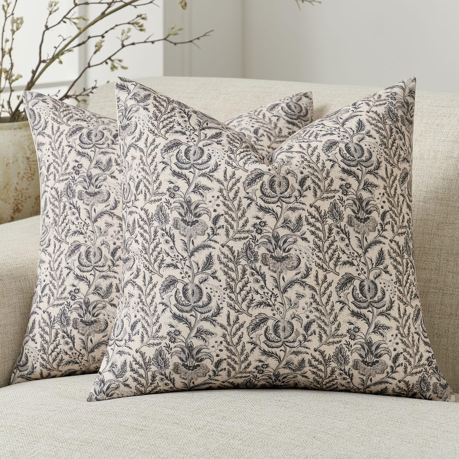Amor Virisso Floral Pillow Covers 18x18 Set of 2 Vintage Block Print Pillow Covers Neutral Floral Striped Farmhouse Accent Decorative Pillow Covers for Sofa Bed, Yellow